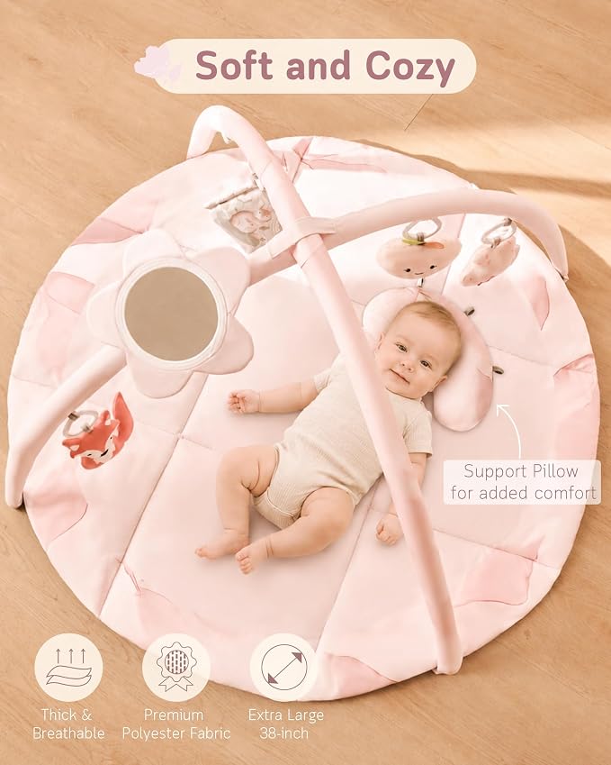 Fortella Baby Play Gym & Activity Mat, Machine Washable & Foldable Tummy Time Mat with 5 Detachable Toys, Certified Safe Newborn Essentials Gift for Baby Registry 0-12 Months (Rose Pink)