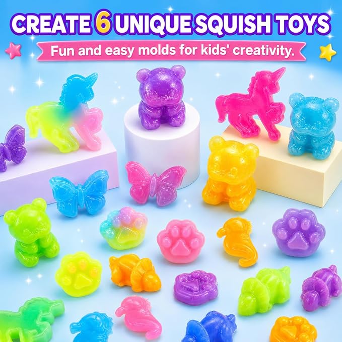 Carolart DIY Squishies Kit for Kids, Fast Curing Non-Sticky Liquid Silicone Rubber, Make Your Own 6 Glow in The Dark Animal Squishy Toys, Arts & Crafts STEM Activity Gift for Boys Girls Ages 6-12