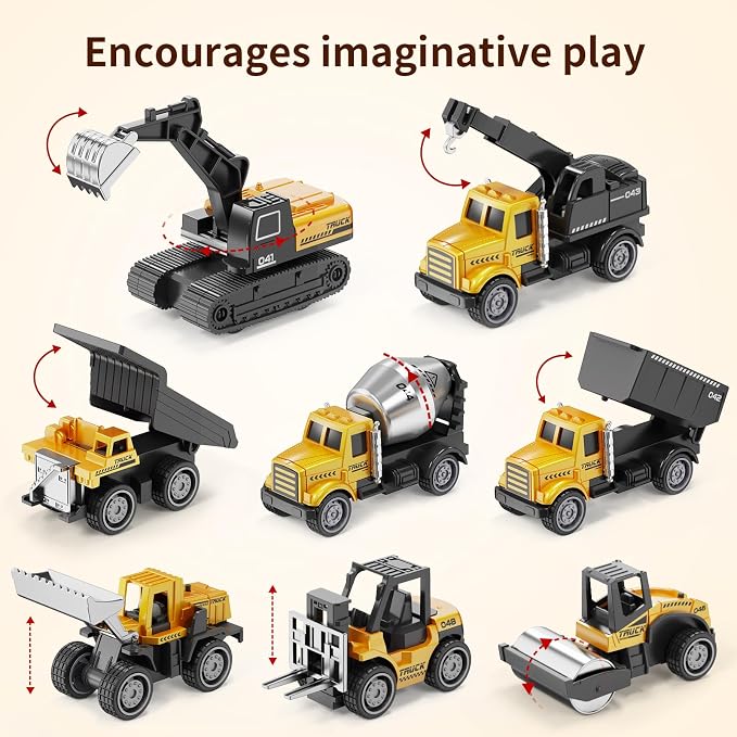 HONGTUO Alloy Mini Construction Vehicles, 8Pcs Die-cast Construction Toys Set, Excavators Mixer Truck Bulldozers Forklift Dump Truck, Pull Back Car Toys for Toddlers Kids Boys & Girls