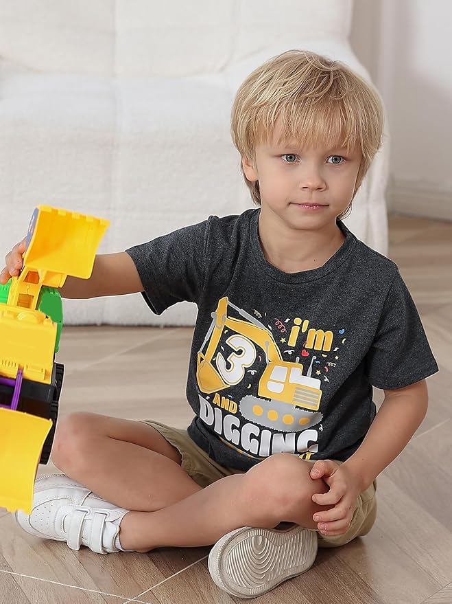 Lovekider 2-5 Years Birthday Boy Shirt Construction Party T-Shirts Excavator Cotton Short Sleeve Tee Dark Grey