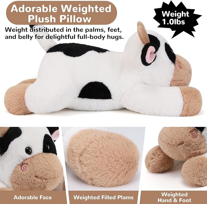 gnomantic Cow Weighted Stuffed Animals - 12 Inch 1.0 Pounds Weighted Plushies Cow Stuffed Animals - Small Plush Pillow - Cute Plush Toys Gifts for Kids & Adults (12" 1.0 lbs Black)