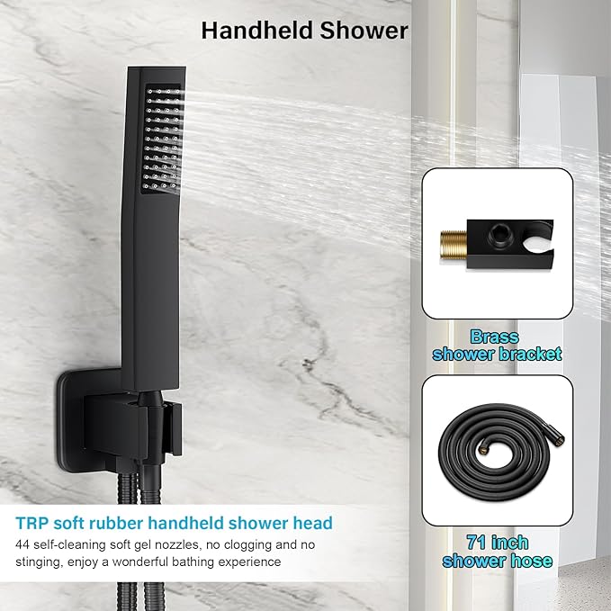 FPXRNG Black Shower Faucet Set, Rainfall Shower System with Square Shower Head and Handle Set, Wall Mounted Shower Fixtures, Full Metal Trim Repair Kit 10 inch Matte Black (With Shower Valve)