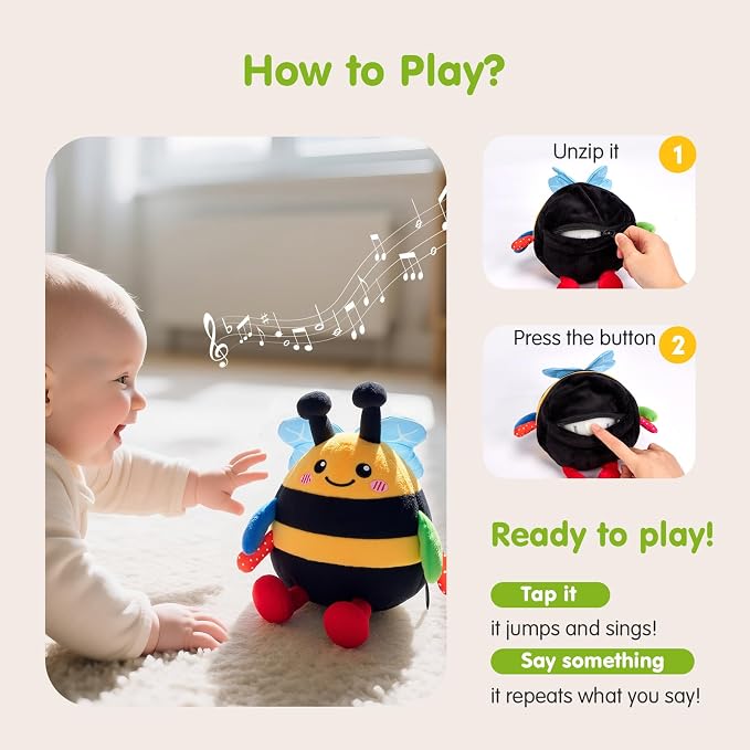 hahaland Tummy Time Bouncing Bee Toy for 6-12 Month, Musical Dancing Plush Bee Baby Toys 9 Month Old, Vibrating & Buzzing Bee Toy Gifts for 1 Year Old Boy & Girl