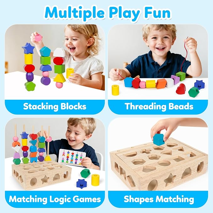 ROOCHKD Wooden Sorting Toy Montessori Color & Shape Sorter Lacing Beads Sequencing Toy Class Activity Toddlers Fine Motor Game for Colors and Shapes Learning, Birthday Gifts for Boys and Girls