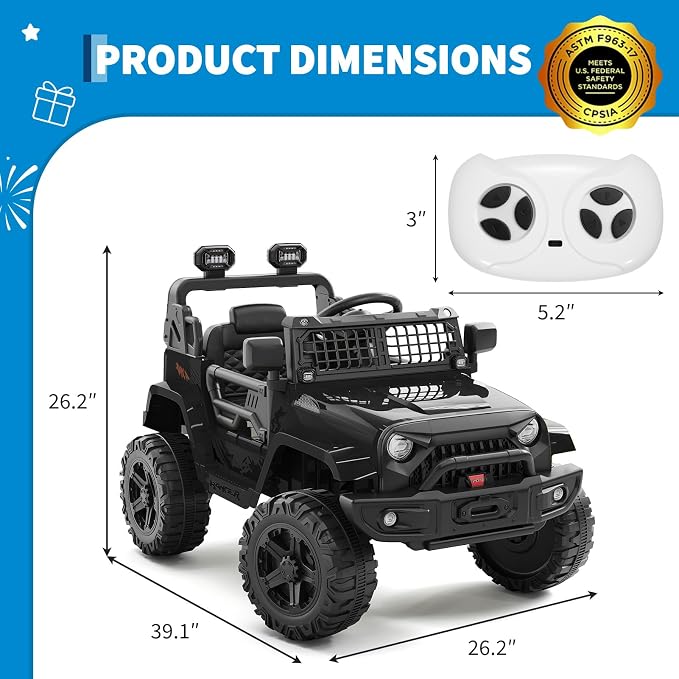 Hetoy 12V Ride on Toys with Parent Remote Control Toddler Electric Vehicle with Spring Suspension, LED Lights, Bluetooth, Music Player, 3 Speeds Ride on Car Truck for Kids Age 3-8 (Black)