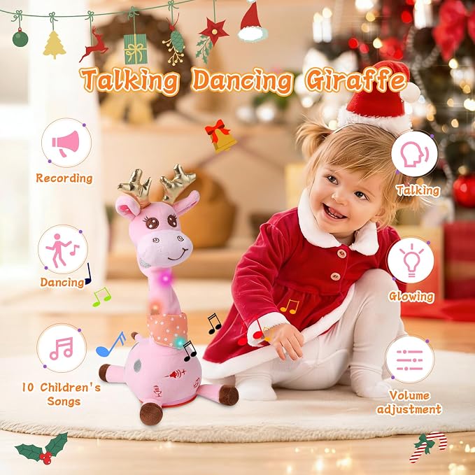 LUKETURE Dancing Talking Singing Pink Giraffe Stuffed Plush with Golden Antlers,Interactive Stuffed Animal Toy, Musical Plush with Record & Repeat, Sings 10 Songs, LED Lights