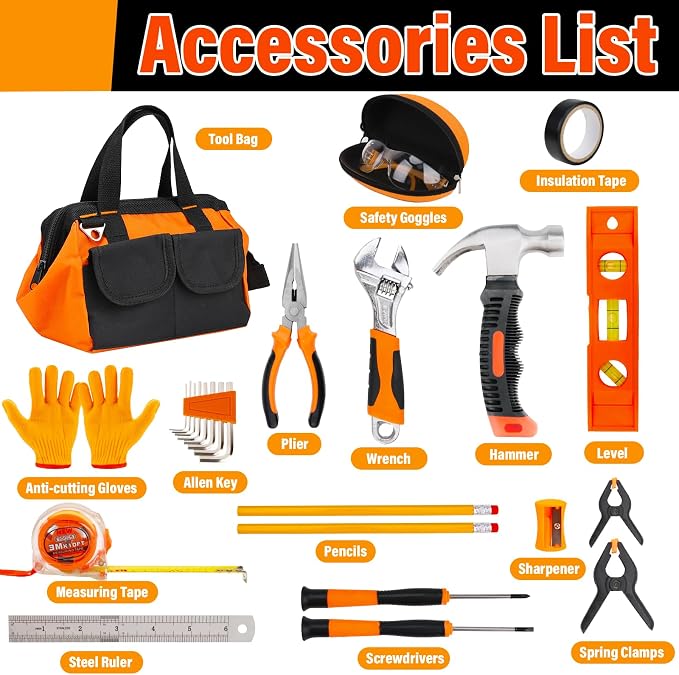 27-Piece Orange Kids Real Tool Set with Storage Tool Bag, Small Real Hand Tool Kit for Boys & Girls, Child Construction Learning Tools for Home Building and Woodworking, 6+ Years Old Boy Birthday Gift