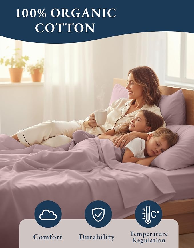 LANE LINEN Full Size Bed Sheets 100% Organic Cotton Cooling Soft - Lilac | GOTS Certified Organic Cotton Percale Full Sheet Set - For Hot Sleepers, All-Season Comfort, For Guest Bedrooms