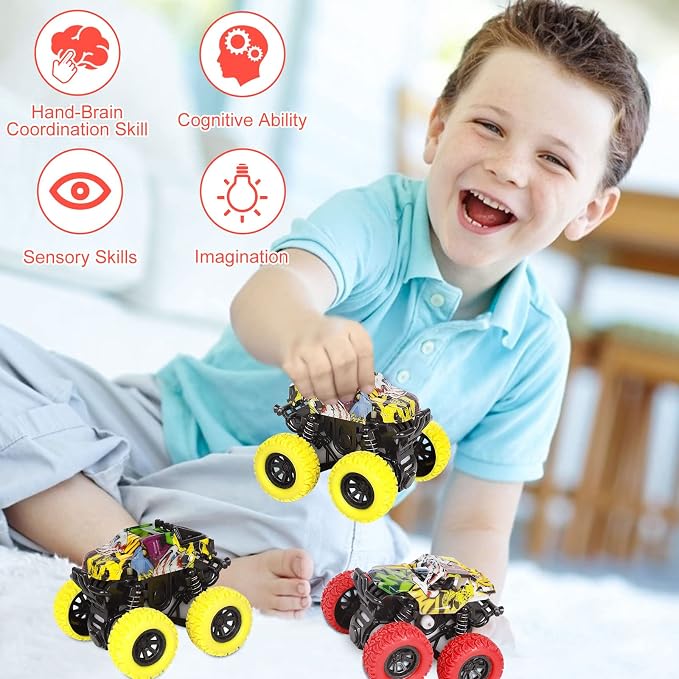 M SANMERSEN Monster Truck Toys for Kids, Friction Cars for Toddlers Push and Go 360° Rotating Stunt Car for 3+ Year Old Boys Girls Gifts (2 Pack - Red and Yellow)