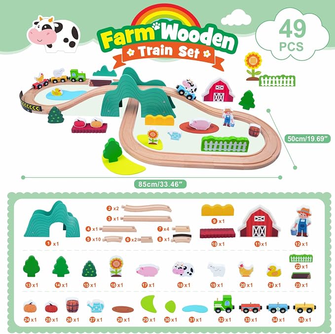 SIMPLIPLAY Wooden Train Set for Toddlers - 49PCS Farm Montessori Train Sets, Wooden Train Track for Toddlers 3-5 with Bridge & Cute Farm Animal Toys, Gifts for 3 4 5 Years Old Girls & Boys | Montessori Magnetic Train Set for Toddlers 3-5 with Bridge & ...
