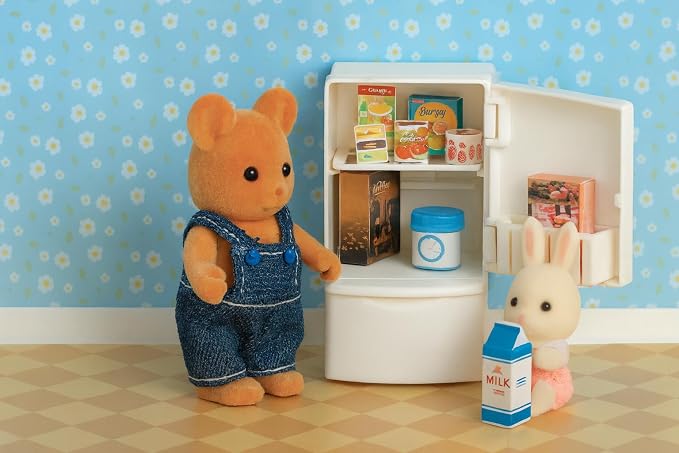 Family Dollhouse Refrigerator Set — Mini Fridge with Opening Doors, Interior Shelves, Milk Carton, Yogurt Tub, Ice Cream Cups & Topping Jars — Dollhouse Furniture & Accessories for Ages 3+