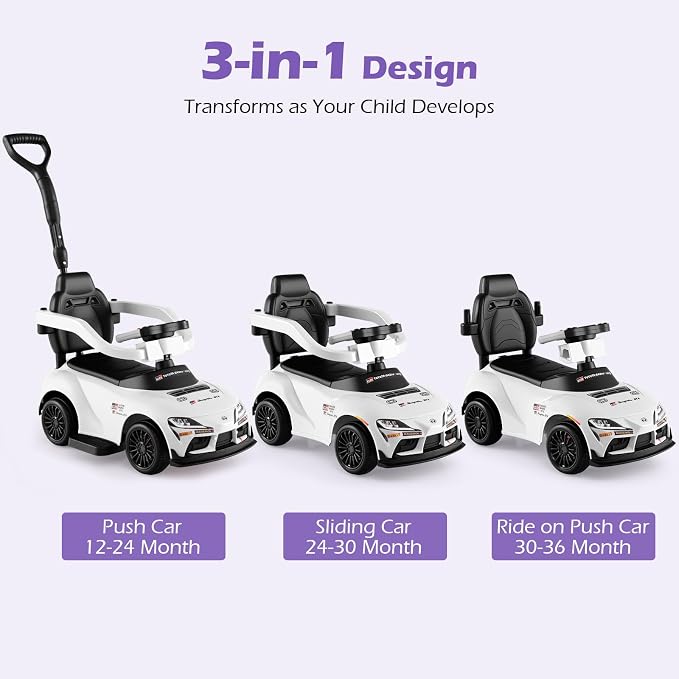 Licensed Toyota Ride on Push Car for Toddlers by INFANS, 3 in 1 Walking Sliding Toy with Removable Guardrails and Handle, Music, Under Seat Storage for Kid (White)