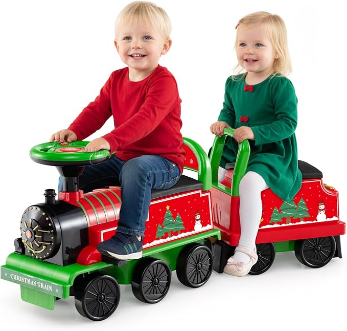 OLAKIDS 6V 2-Seater Ride on Train with Carriage, Storage, Train Whistle, Music, Lights for 18 Months+ (2 Seaters, Christmas)
