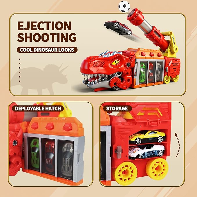 STBEIMEIMY Tyrannosaurus Rex Truck, Ejection Shooting Toy with 10 Cars & Storage Shooting Launcher Action, Foldable Storage Holds 10 Cars, 12 Soft EVA Balls, Safe for Toddlers 3+