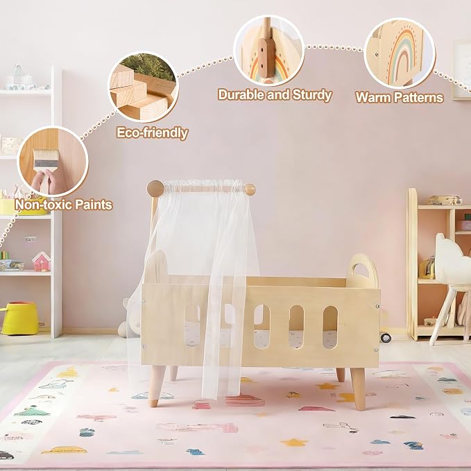 Freniland Wooden Doll Crib Bed for 18 Inch Dolls, Baby Doll Furniture Set with Sheer Canopy and Soft Fabric Mattress, Pretend Play Nursery Accessories for Toddlers