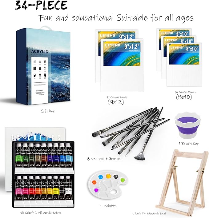LEYEMO Acrylic Paint Set for Kids, Art Supplies Painting Kit with18 Acrylic Paints, 5 Canvas, 8 Paint Brushes, Easel, Palette, Paint Set for Adults & Artist
