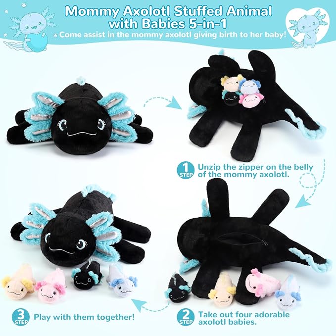 gnomantic Axolotl Stuffed Animals with Babies Inside, Mommy Toy for Kids | 5-Piece set: 1 mommy axolotl + 4 baby axolotls inside. Unzip belly to reveal surprise babies. Ultra-soft, ages 3-8.