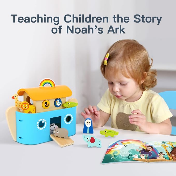 TOOKYLAND Noah's Ark Toys for Toddlers Wooden Animal Shape Sorter Toys, Baptism Gifts for Boys and Girls, Bible Story Toy with Story Book, Montessori Educational Toys for 2 3 4 Year Old