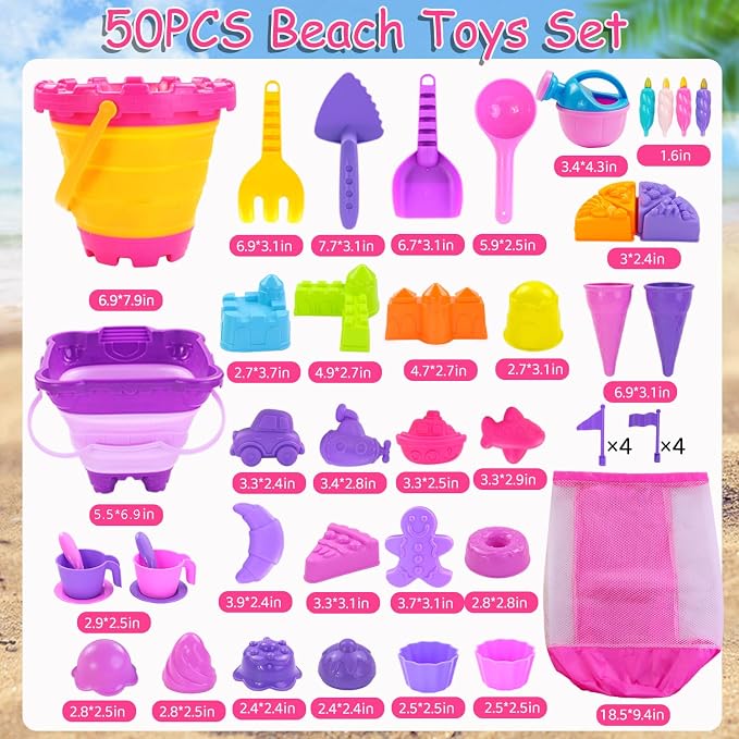 Elovien Beach Sand Toys, 50Pcs Sandbox Toys with 2 Collapsible Buckets, Mesh Backpack Bag, Shovels, Ice Cream, Cake & Castle Sand Molds, Summer Outdoor Travel Toys for Kids Toddlers Girls