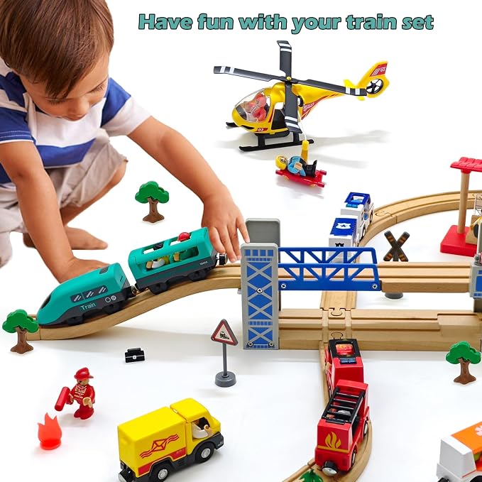 Battery Operated Police Train for Wooden Train Tracks with Figures Kids Magnetic Wooden Trains Set for Toddlers Boys 3-5 4-8 (Without Battery and Tracks) (Green)