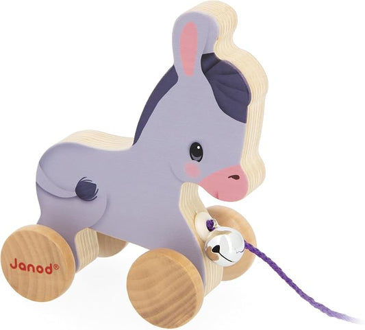 Janod - Wooden Donkey with Bell - Pull and Push Activity Toy - Learn Motor Skills and Imagination - 50cm String Suitable for Little Hands - from 12 Months, J03323