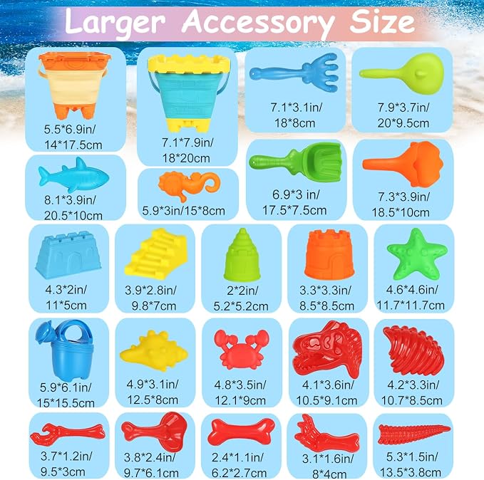 Elovien Beach Sand Toys Set, 24PCS Sandbox Toys with Mesh Backpack Bag Included 2 Foldable Buckets Pails, Sand Molds, Shovels, Rakes and Watering Can, Summer Outdoor Toys for Kids Toddlers Boys Girls