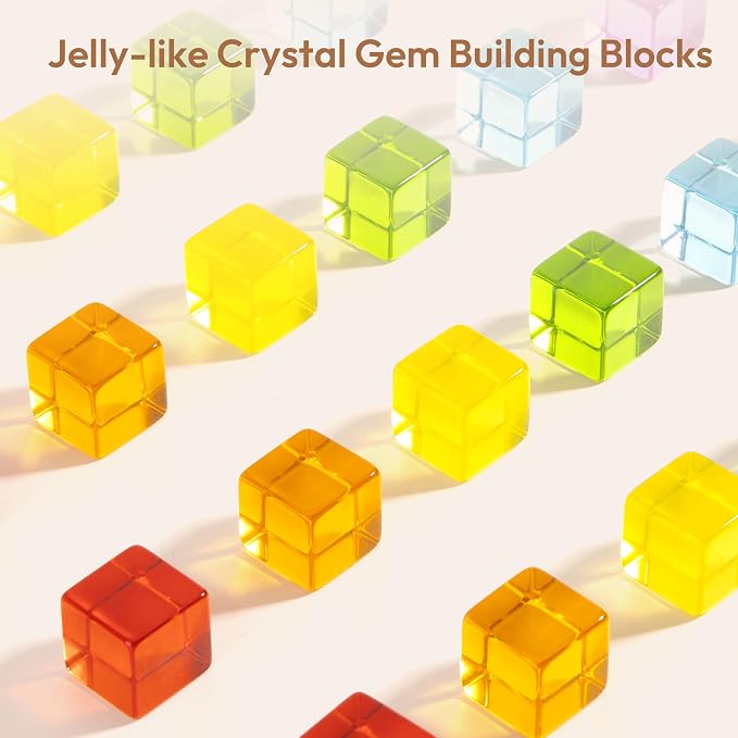 Woodtoe Wooden Building Blocks Set for Kids, 24 PCS Rainbow Gem Cubes Stacking Blocks - 2 Wood House, Montessori Stacking Toy for Toddlers, Educational STEM Sensory Birthday Toy for Boys Girls 3-6