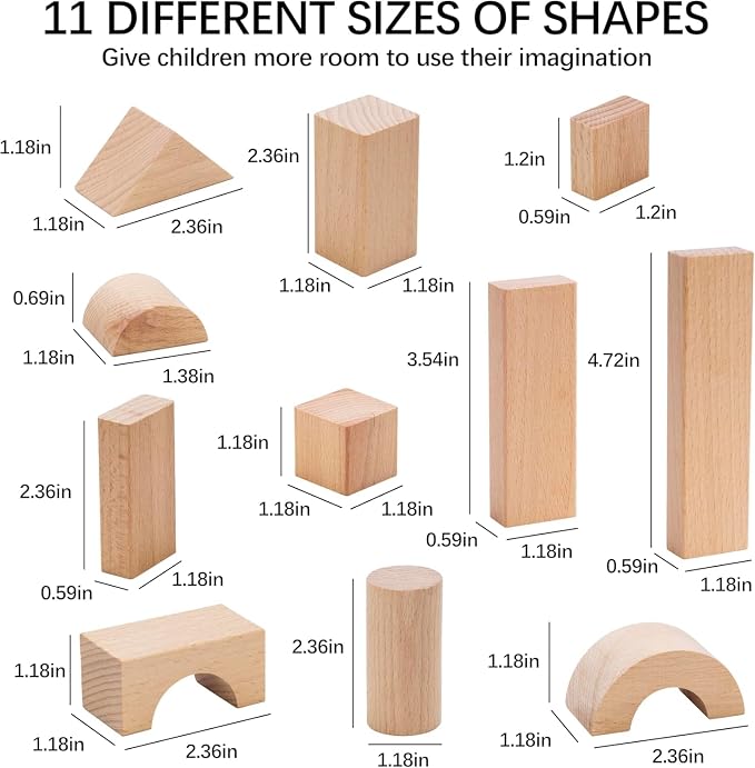 Pidoko Kids 100pcs Natural Beech Wood Building Blocks for Toddlers 1-3, Wooden Blocks with Storage Bucket and Shape Sorter Lid Montessori Toys for 1 2 3 Year Old Boys and Girls, Preschool Learning