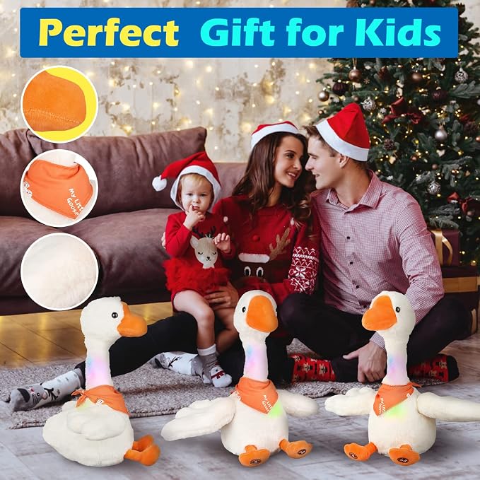 Marsjoy 13" Talking Dancing Goose Swan Stuffed Animal Repeating What You Say Mimicking Recording Plush Baby Toy Musical English Song Singing Glowing Animated Twisting Gift Toy for Boy Kid