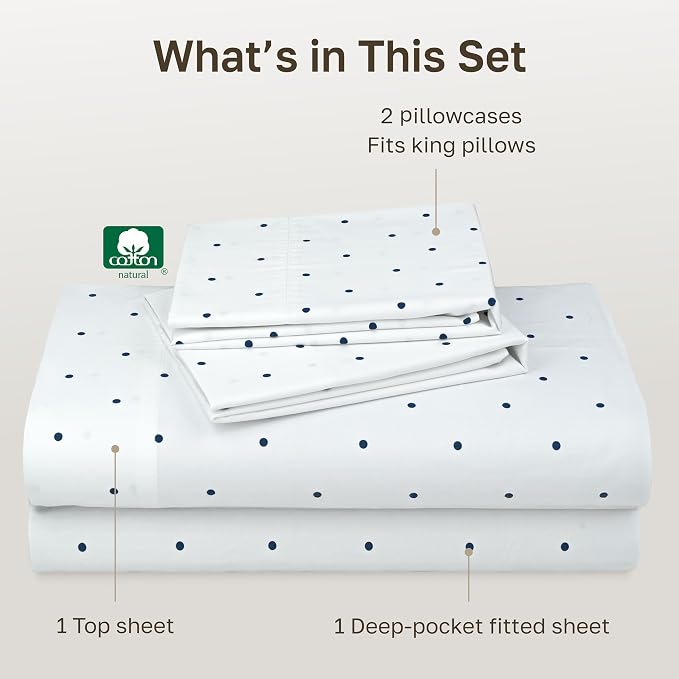 California Design Den Soft 100% Cotton Cal King Sheet Set, 400 TC Good Housekeeping Award Winner, Smooth Sateen Finish with Deep Pockets, Cozy and Durable Cotton Bedding Set - Polka Dot