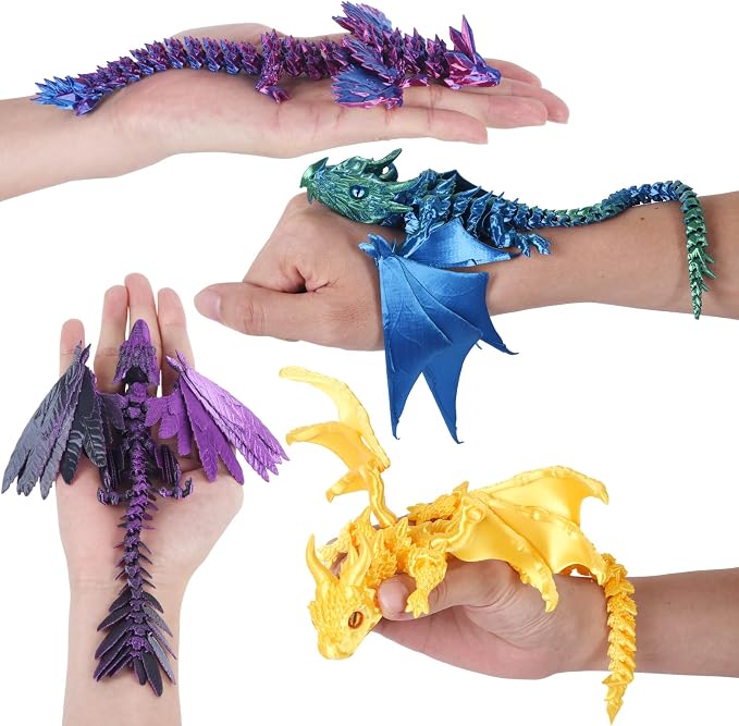 4PCS 12 Inch 3D Printed Dragons, Feathered Wyvern Figure with Wings, Dragon Desk Decor, Collectible Toy for Dragon Lovers(Purple-B)