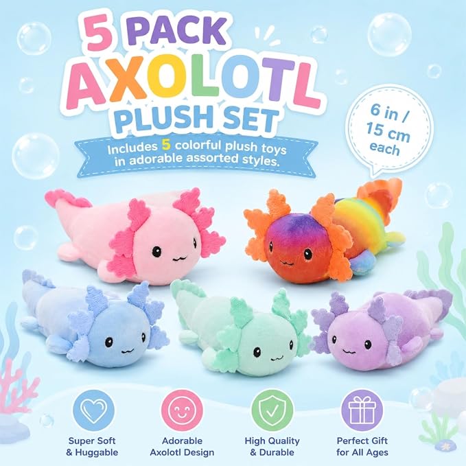 Tezituor 5 Pack Glow in The Dark Axolotl Plush Toys, 6 Inch Mini Stuffed Axolotl with Luminous Fins and Tails, Soft Cute Salamander Plush Set for Kids, Party Favors, Birthday Gifts, Classroom Prizes