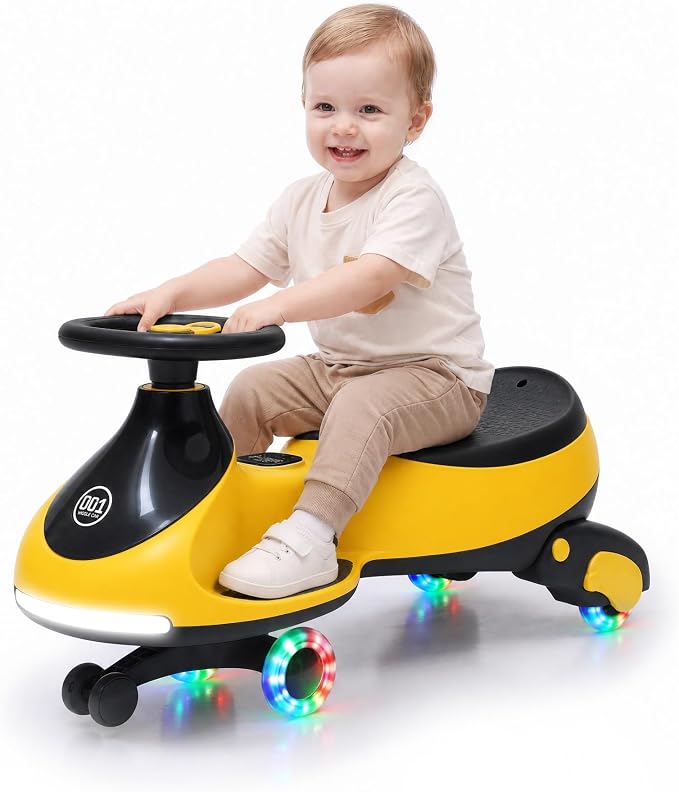 Garvee 12V Electric Wiggle Car for Kids, 2 in 1 Swing Car with Pedal, Anti-Rollover, Max Load 130Lbs,Flashing Wheels, Music,Rechargeable Battery Ride on Toy Indoor Outdoor for Toddlers, Yellow