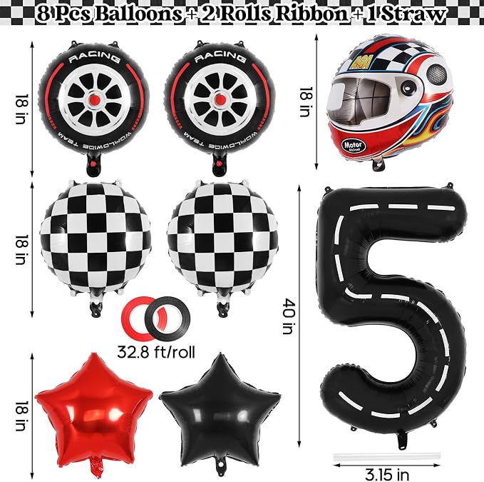Race Car 5 Balloons, 40 Inch Racetrack Number 5 Balloon, Large Foil Mylar Racetrack Black 5 Balloon for 5 Year Old Birthday Race Car Themed Party Decoration