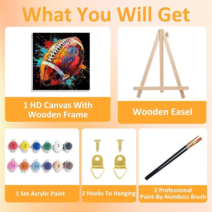 Mandun Football Paint by Numbers Kit for Kids with Frame, Football Paint by Numbers for Kids Ages 4-8-12,Oil Painting for Home Wall Art Decor Gift 7.8x7.8 inch (with Frame Easel)