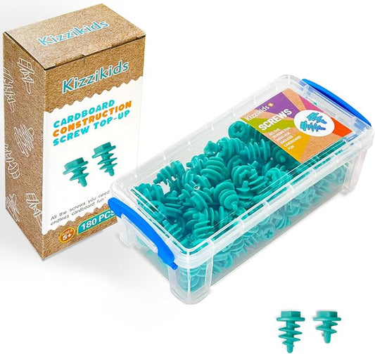 Kizzikids Screws Kit Top-up 180 Piece, Cardboard Construction Tools, STEM Educational Toys for at-Home Play + Classroom Learning, Mix Kit for Boys and Girls Aged 5+ (Blue)