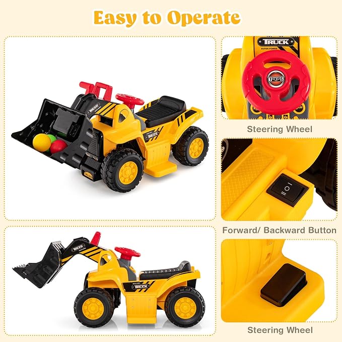 HONEY JOY Electric Ride on Push Car, 6V Toddler Bulldozer Digger w/Balls & Basketball Hoop, Outdoor Digging Scoop, Flexible Bucket, Ride on Excavator Construction Vehicle for Kids