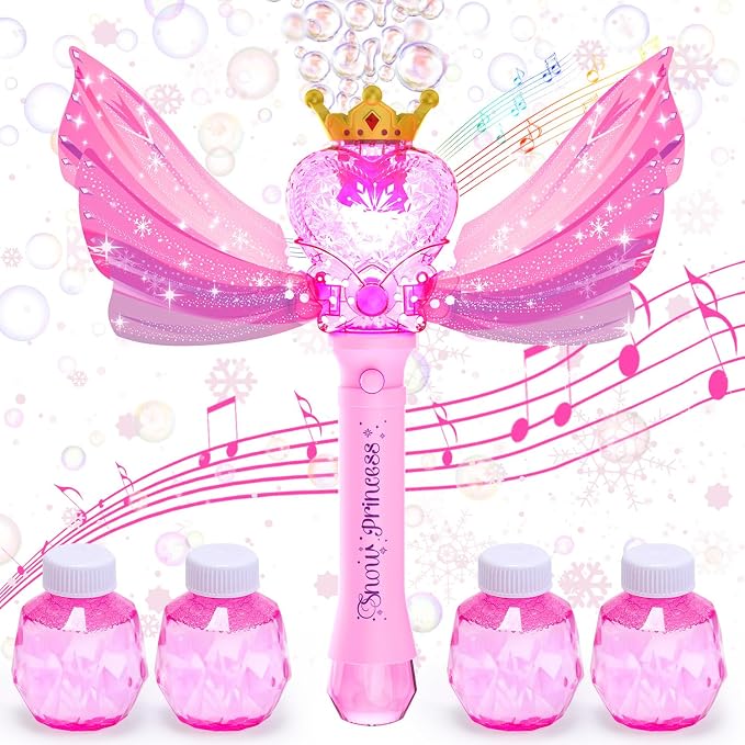 EagleStone Princess Bubble Wand for Kids Girls with LED Lights & Music, Fairy Bubble Machine Toy with 4 Bubble Solutions, Outdoor Bubble Toys for Toddlers Aged 3 4 5 6 7 8, Birthday Gift for Girls