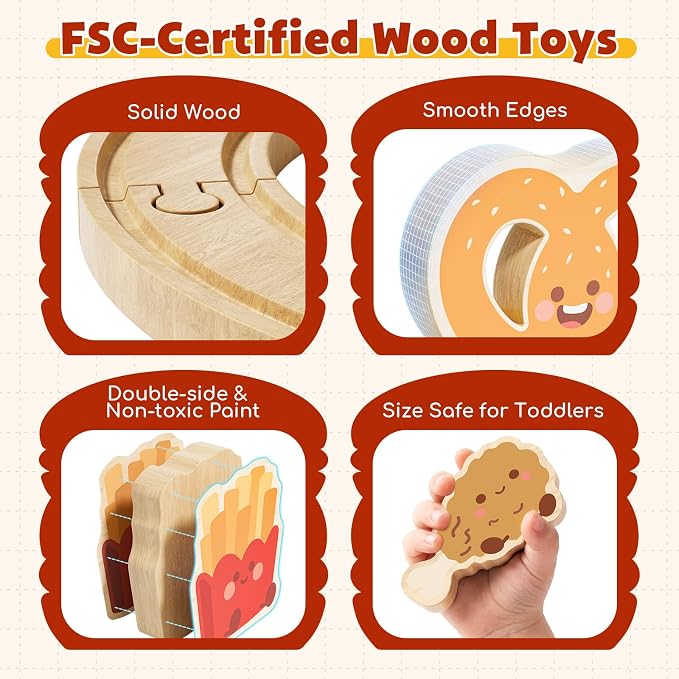 Lehoo Castle Wooden Train Set for Toddlers 2-4, Burger Theme Train Track Set Compatible with Major Brands, Expandable Wooden Railway Toy, Gift for Boys & Girls Ages 3-5