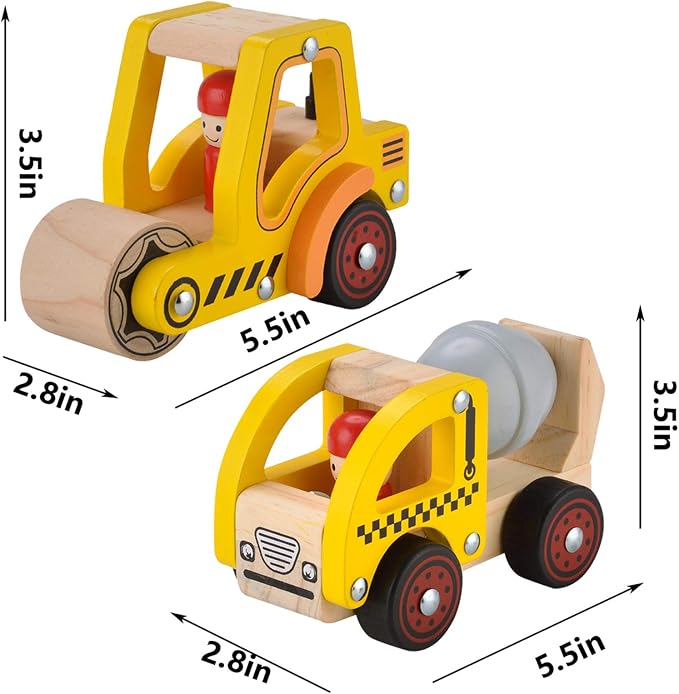 2 Pcs Wooden Push Car Toys for Infants 18+ Months, Push and Go Vehicle,Kid Vehicle Toys,Hand Push Car Toys for Toddlers, Birthday Gifts for Boys Girls(Cement Truck + Road Roller car)