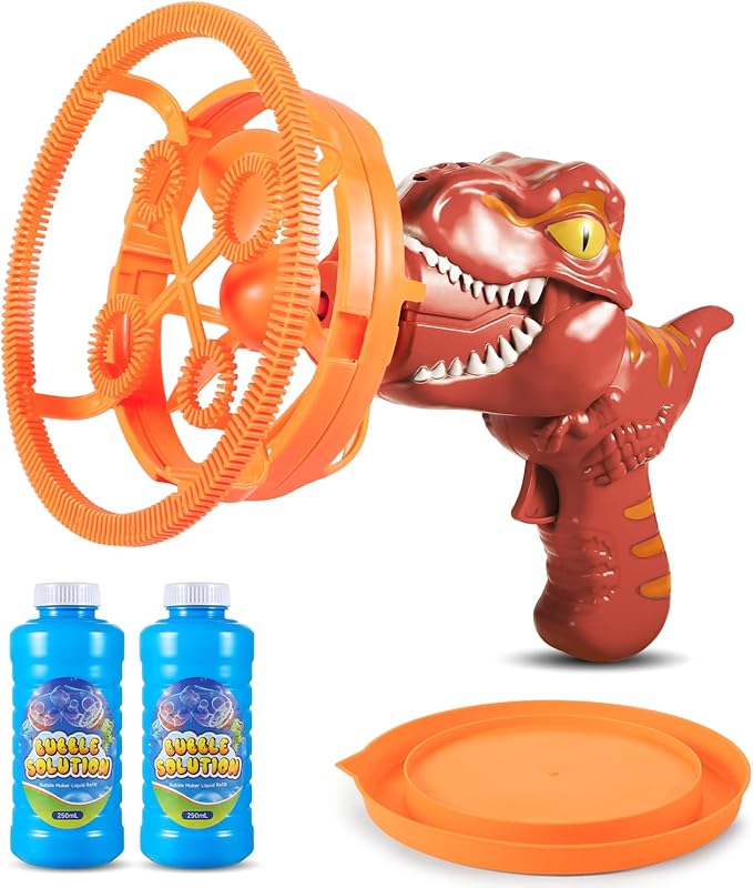 Dinosaur Shaped Bubble Gun for Kids - Blows Over 1000 Bubbles per Minute & Creates Giant Bubbles, Birthday, Christmas & Easter Gift for Boys & Girls Ages 3-9 (Red)