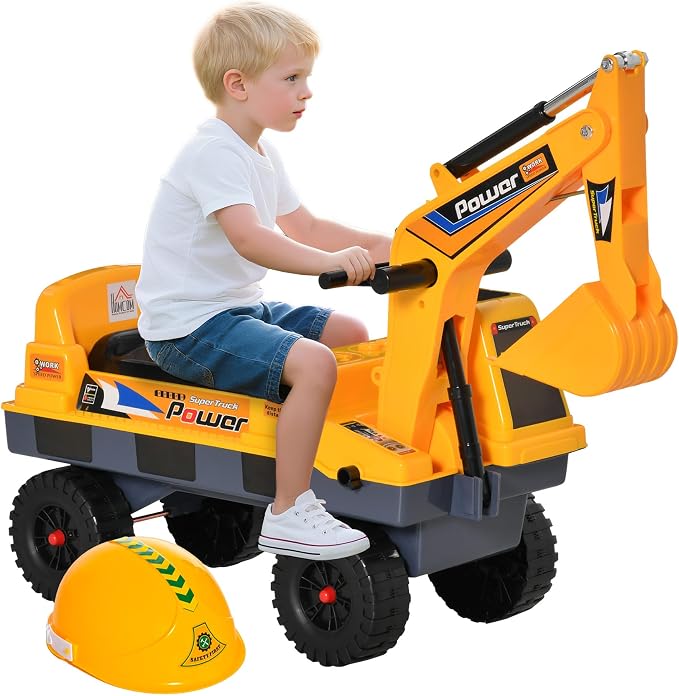 Qaba No Power 2 in 1 Ride On Excavator with Helmet and Claw, Construction Truck Set, Multi-Functional Digger with Storage, Light and Music, Yellow