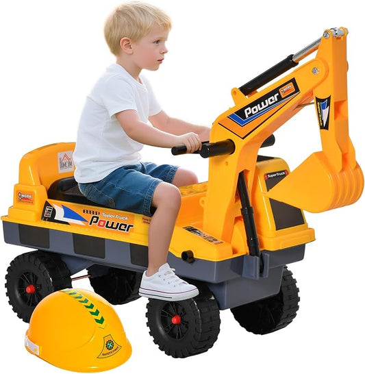 Qaba No Power 2 in 1 Ride On Excavator with Helmet and Claw, Construction Truck Set, Multi-Functional Digger with Storage, Light and Music, Yellow