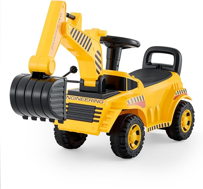 VEVOR Ride On Toddler Car, Push Car for Toddler 19 to 36 Months, Excavator Digger Toy with Helmet & Music, 55 lbs Load Capacity, Foot-to-Floor Walker for Kids, Yellow