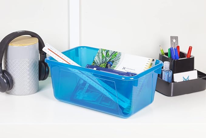 Storex Small Cubby Bins – Plastic Storage Containers for Classroom with Non-Snap Lid, 12.2 x 7.8 x 5.1 inches, Tint Teal, 5-Pack (62486A05C)