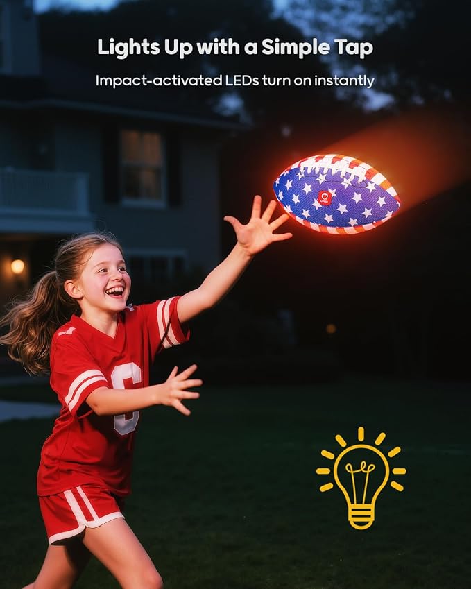 QPAU Glow in the Dark Football – 2 Pack Size 3 for Kids Ages 6-12, Strong Grip Light Up Football, Backyard Camping Outdoor Toy, Pump and Batteries Included, Birthday for Boys Girls