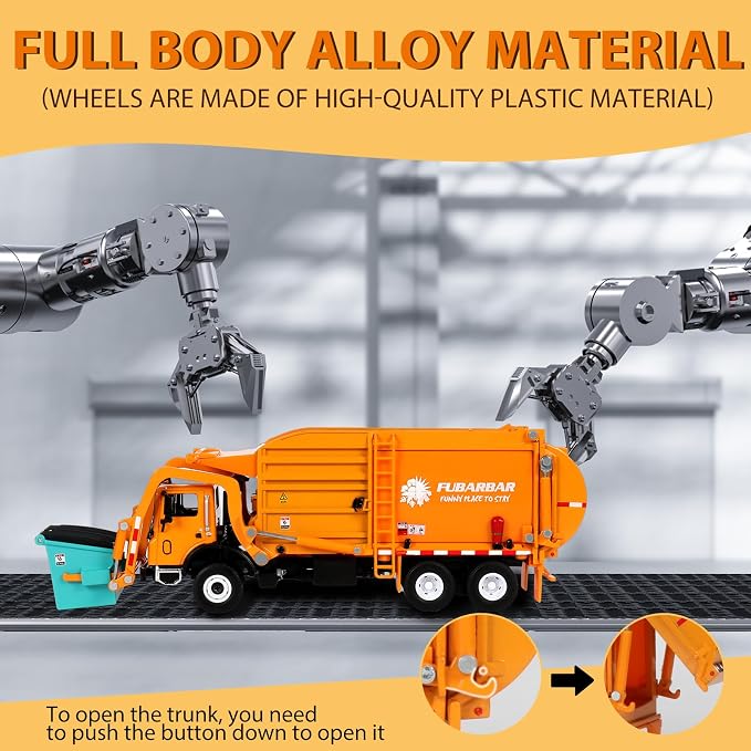 FUBARBAR Truck Toy Model – 1:43 Diecast Metal Garbage Recycling Waste Transport Truck with Trash Bin, Pull Back Model Car Toy for Kids 4-6 Age Boys Birthday Gift (Orange)