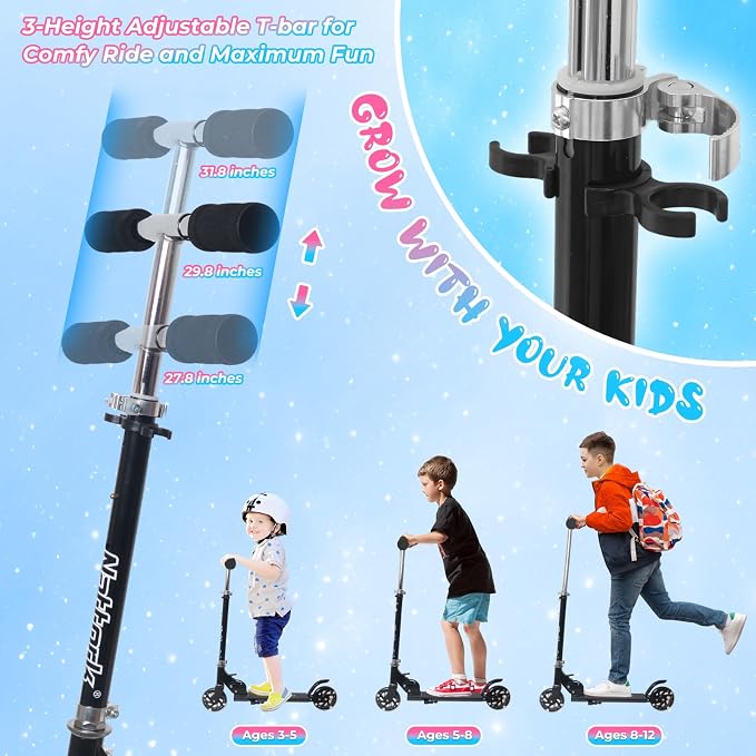 Nattork Scooter for Kids Ages 3-8 – Kick Kids Scooters for Girls & Boys Light up Wheels Portable Lightweight Folding Design with Reducing System and Adjustable Height Handlebars and up to 110 Lbs