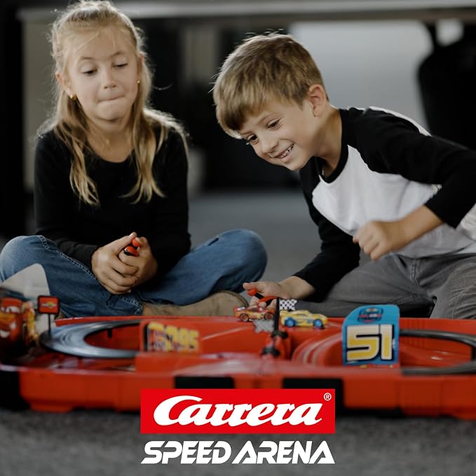Carrera Speed Arena Cars Slot Car Race Track Set – Lightning McQueen | Portable slot car track toy, race-in-a-case design, includes McQueen & Ramirez cars, travel-friendly for kids, easy setup