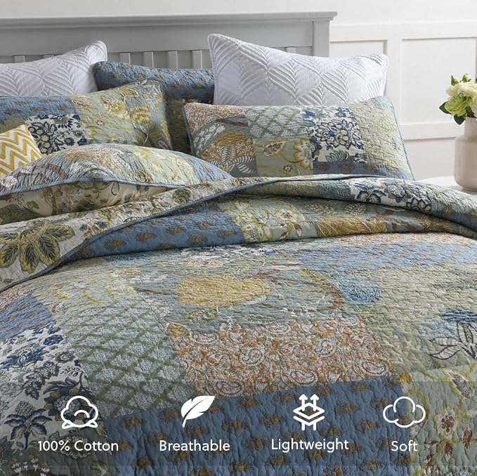 Cotton Bedspread Quilt Bedding Sets 3 Pieces Reversible Coverlet Sets Comforters Rustic Paisley Floral Patchwork Sage Green Bedspread, King Size